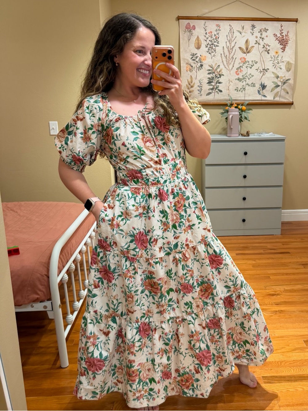 Anthropologie Somerset Puff Sleeve Floral Tiered Maxi Dress in Cream and Pink M